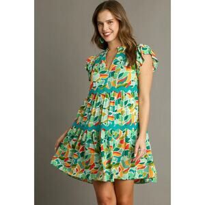 Umgee S Green Abstract Print Tiered Split Ruffle Neck Dress Ric Rac Trim Boho